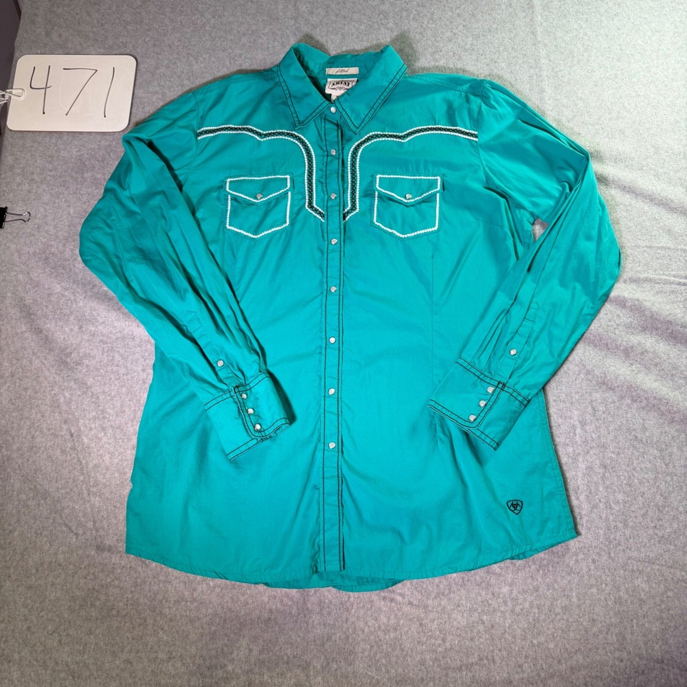 Ariat Womens Teal Green Fitted Western Snap Shirt Floral Cross Embroidered XL